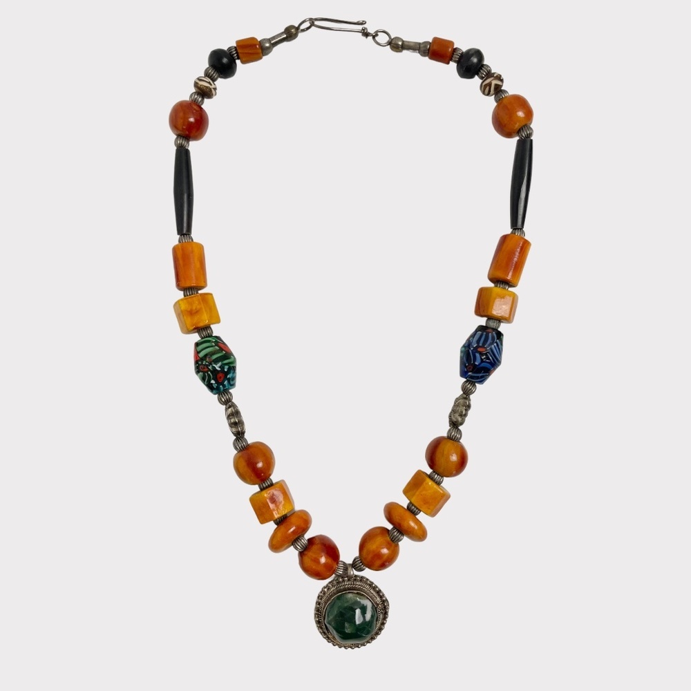 Malachite Stone Pendant Wood‎ and Clay Beaded Necklace